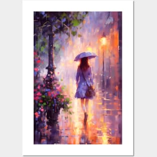 A woman with an umbrella walks along the evening street in the rain. Posters and Art